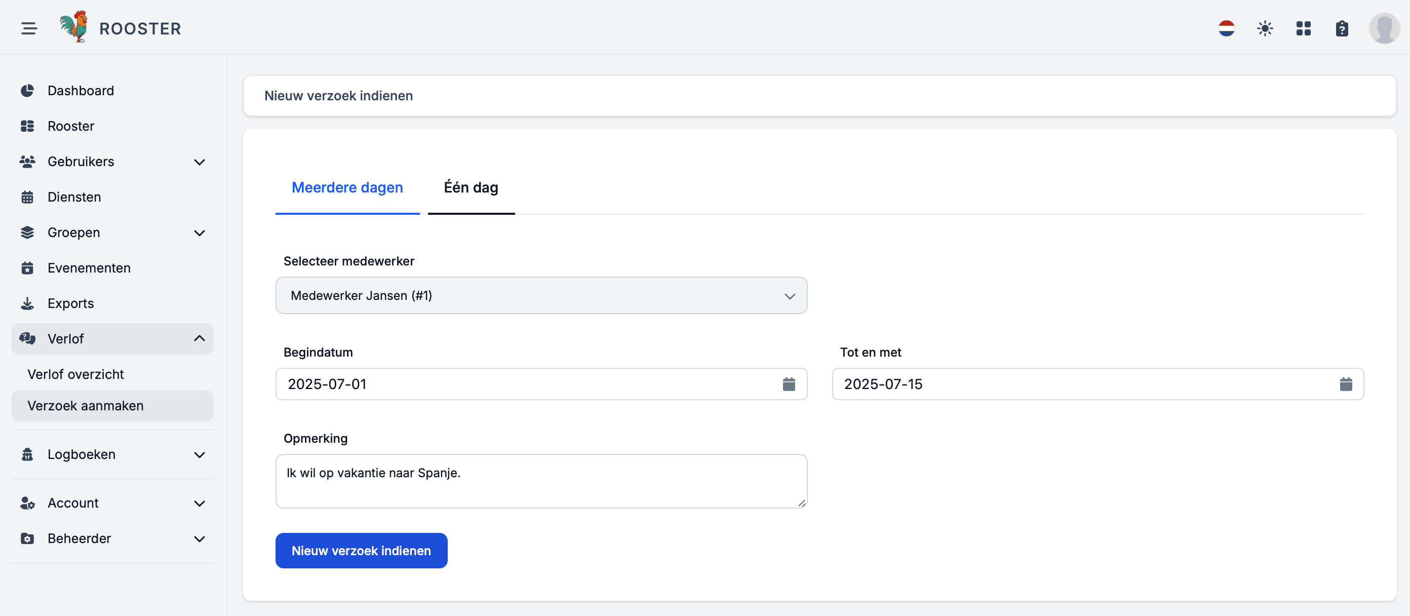 Eenvoudig verlof verwerken en aanvragen via onze rooster software.
